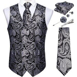 Mens Vest and Tie Set -  Black and Silver Paisley